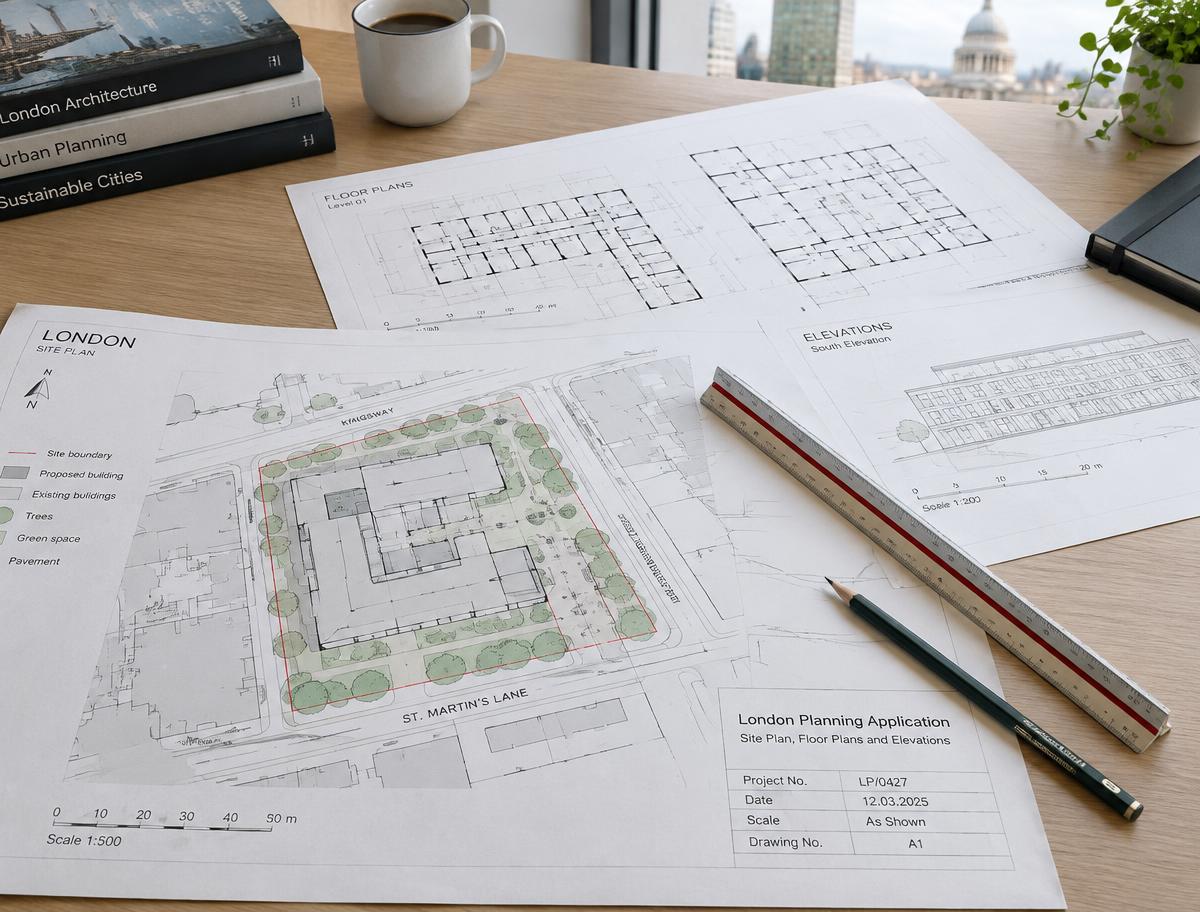 London planning application drawings and site plan on a desk