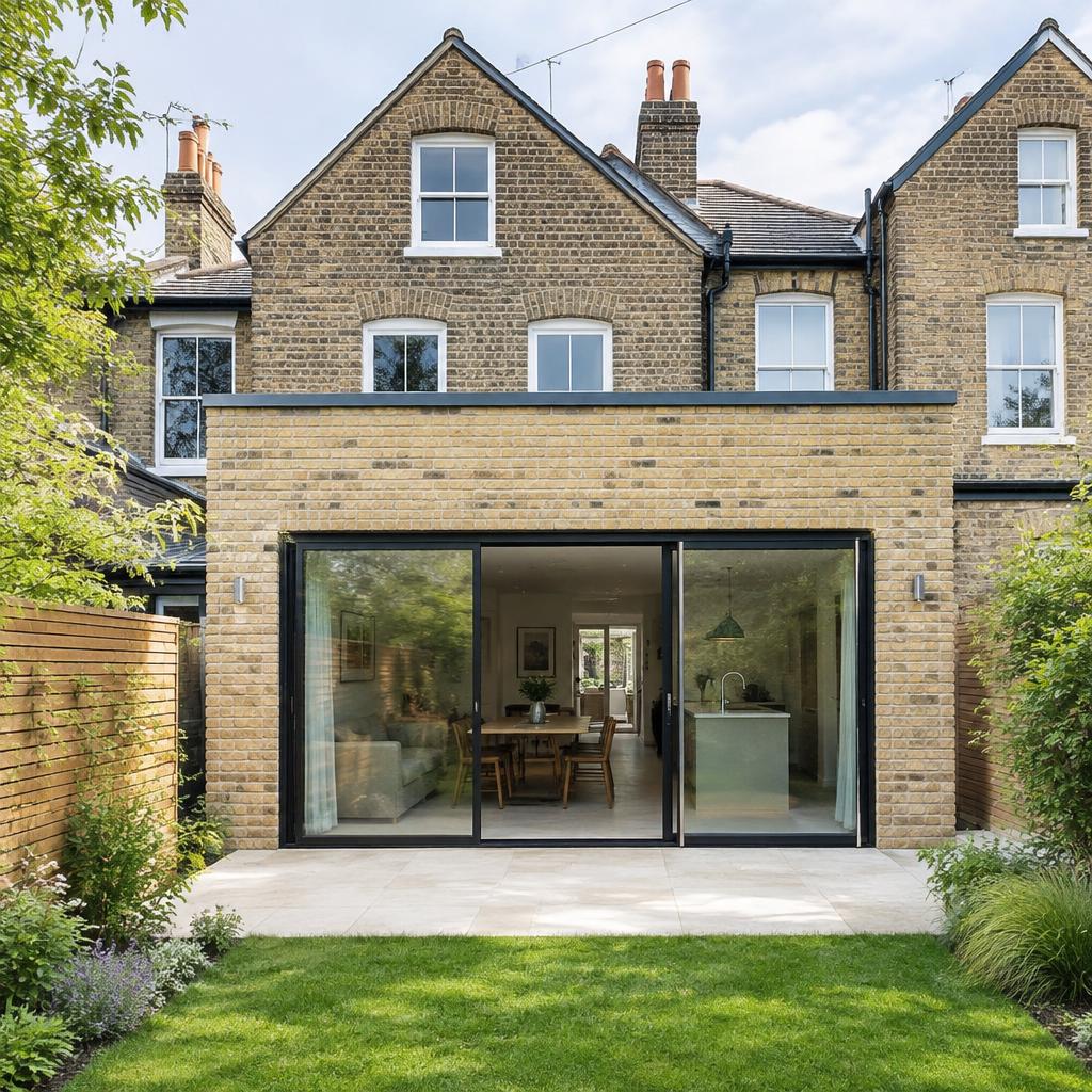 Brick rear extension with large sliding glass doors on a Victorian terrace