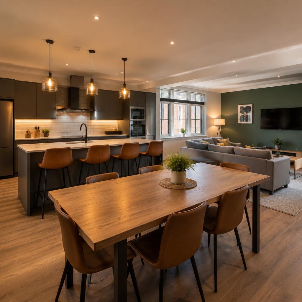 Modern open-plan kitchen and living space in a converted HMO