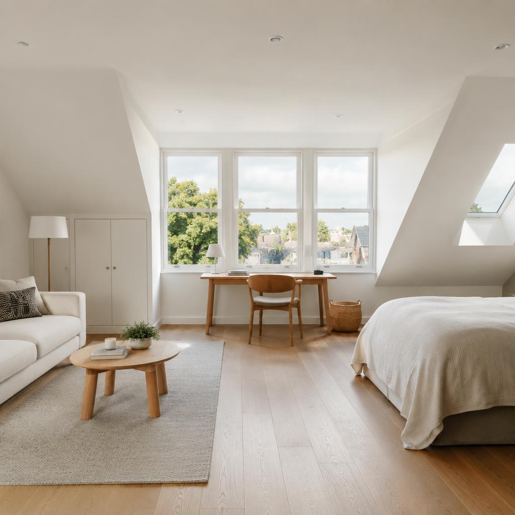Bright loft conversion bedroom with dormer windows and oak floor