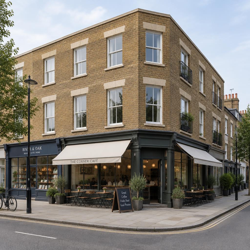 London stock brick corner block with ground-floor shops and flats above