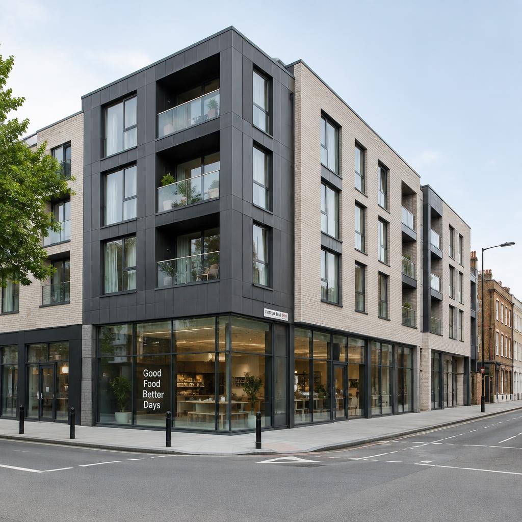 Contemporary mixed-use corner block with pale brick, dark cladding and a glazed ground-floor unit