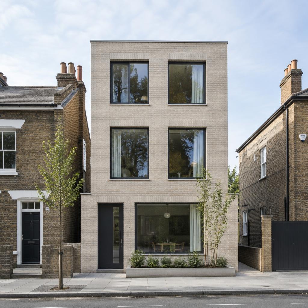 Contemporary pale brick new-build house between two Victorian terraces